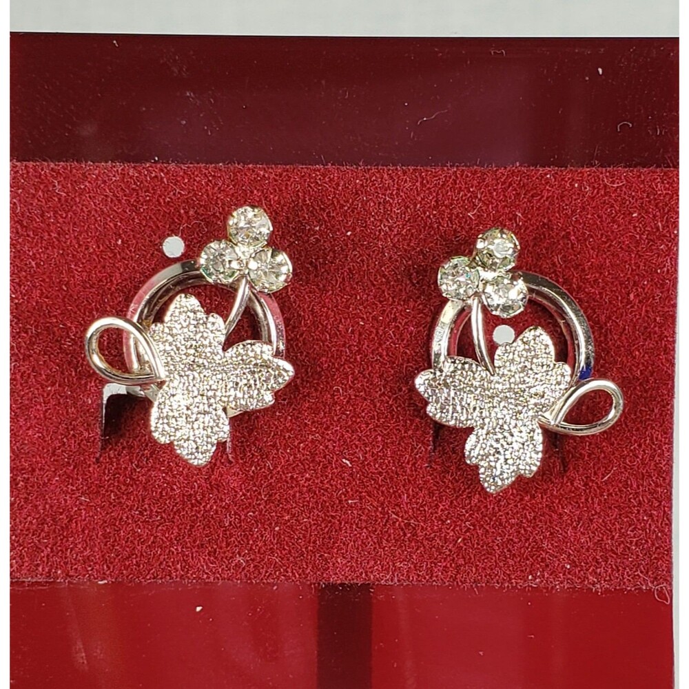 Vtg 1970's Signed Star Sterling Silver Maple Brushed Leaf Crystal Screw Earrings